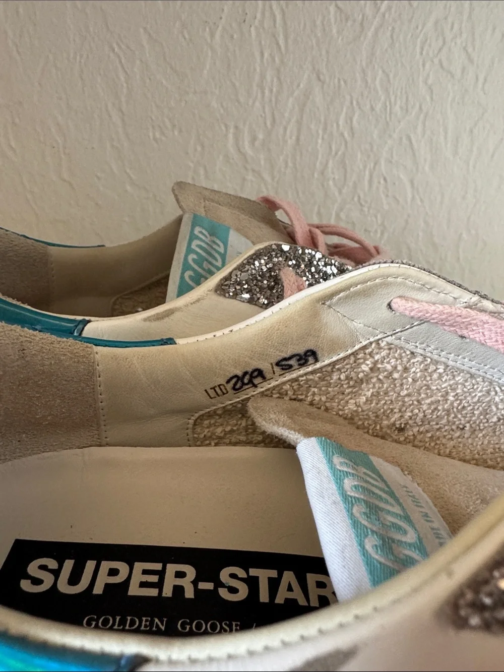 Golden Goose Limited Edition White Sneakers with Pink Laces, Silver Glitter